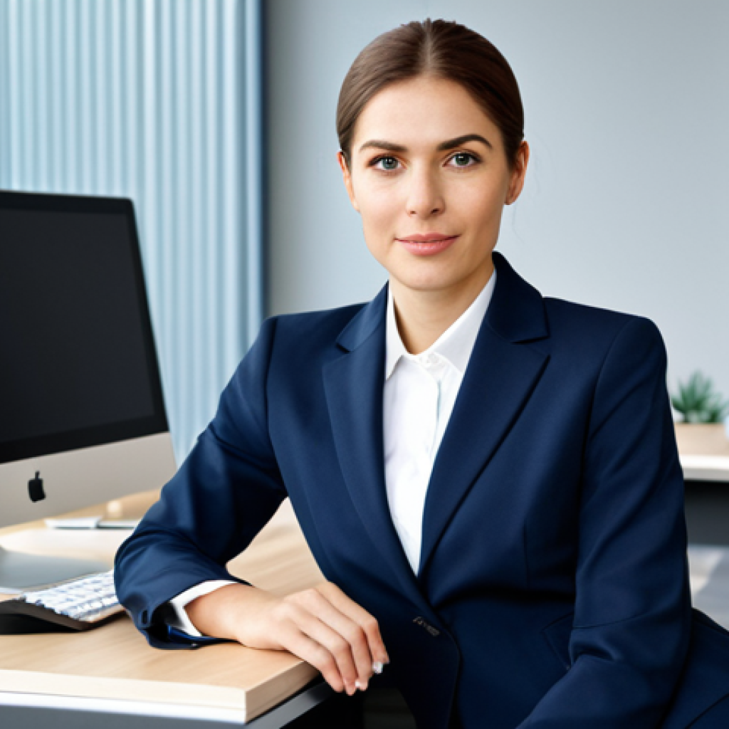 크리에이티브 허브와 브랜드 전략 - **
"Professional businesswoman in a modest business suit, sitting at a desk in a modern office, ful...