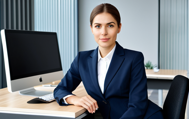 크리에이티브 허브와 브랜드 전략 - **
"Professional businesswoman in a modest business suit, sitting at a desk in a modern office, ful...