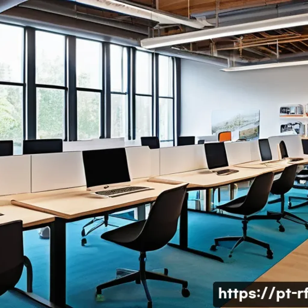 크리에이티브 허브의 성공적인 운영 사례 - A modern creative hub interior showcasing a flexible, modular workspace with movable desks and chair...