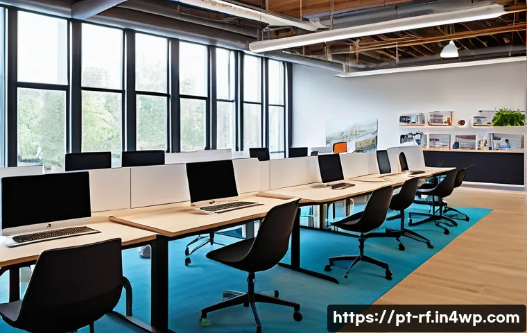 크리에이티브 허브의 성공적인 운영 사례 - A modern creative hub interior showcasing a flexible, modular workspace with movable desks and chair...