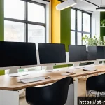 Home 22 크리에이티브 허브의 기술 인프라 구축 - A modern creative hub interior with flexible modular desks and movable walls, bright natural light s...