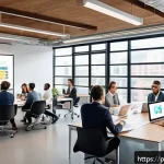 Home 21 크리에이티브 허브의 프로그램 개발 전략 - A modern digital workspace with a diverse team of professionals collaborating around a large table f...