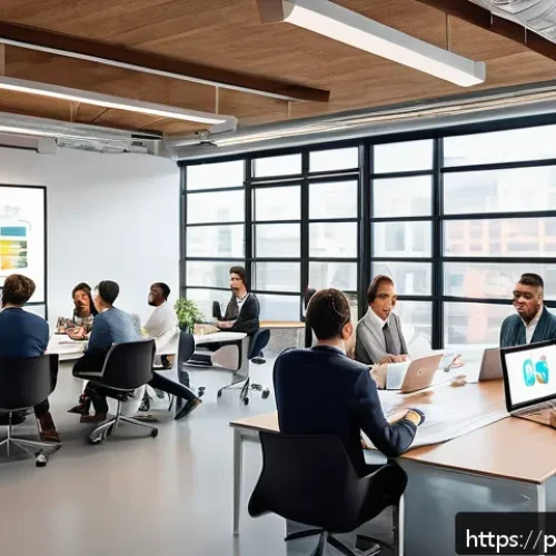 Home 33 크리에이티브 허브의 프로그램 개발 전략 - A modern digital workspace with a diverse team of professionals collaborating around a large table f...