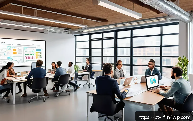 크리에이티브 허브의 프로그램 개발 전략 - A modern digital workspace with a diverse team of professionals collaborating around a large table f...