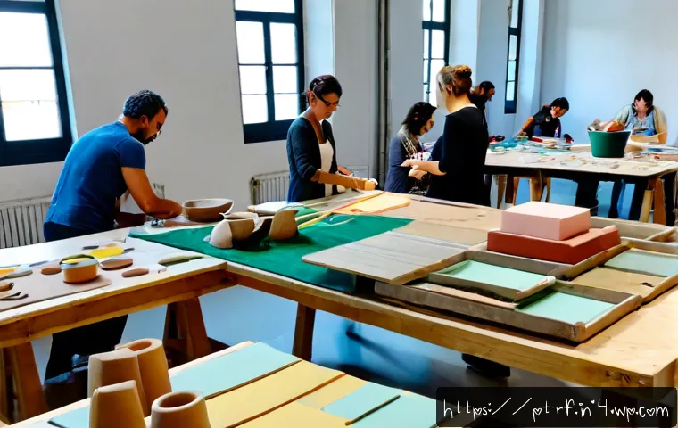Home 17 크리에이티브 허브에서의 실험적 접근법 - Photorealistic creative hub workshop in Lisbon, diverse adult designers and makers experimenting wit...